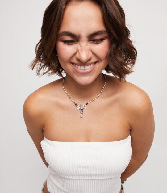 Short pendant necklace with dragonfly, Silver, large